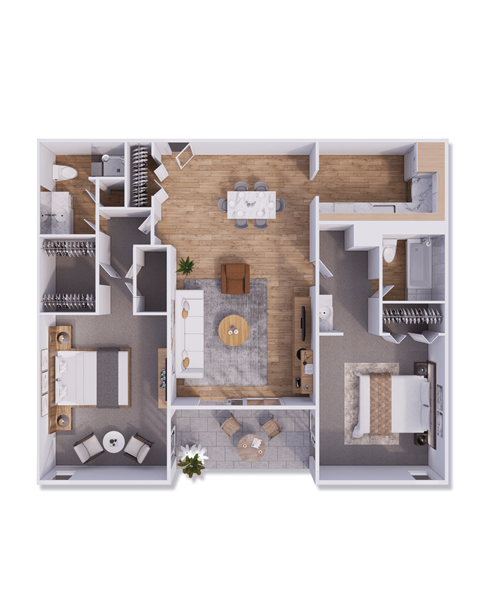 Floor plan for 2 beds, 2 baths, 1050 sqft